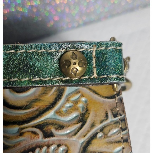 Patricia Nash Tooled Leather Satchel Convertible Hand / Shoulder Bag Teal Floral - Picture 8 of 16